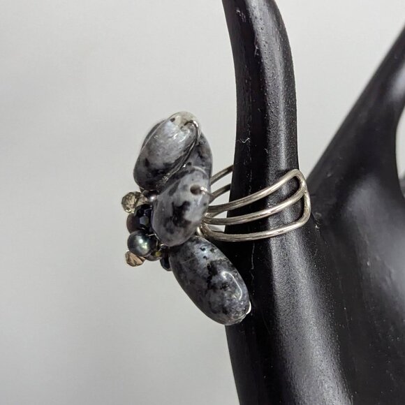Unique Gray & Black Stone Ring with Open Band to Fit Most Sized Fingers - Picture 2 of 6